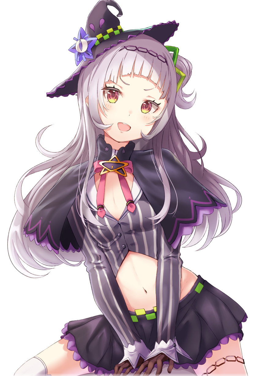 1girl absurdres bangs blunt_bangs breasts buttons gloves groin hairband hat highres hololive lavender_hair long_hair long_sleeves looking_at_viewer midriff miniskirt murasaki_shion navel open_mouth shiokazunoko skirt small_breasts solo star striped upper_teeth vertical_stripes virtual_youtuber white_background witch_hat