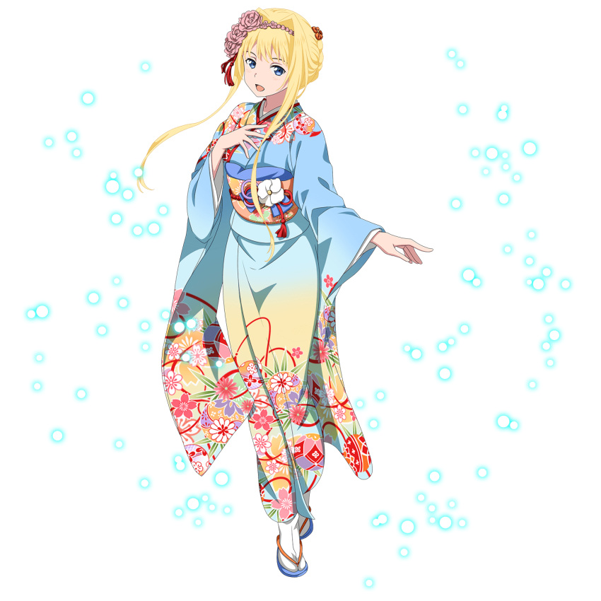 1girl :d alice_schuberg blonde_hair blue_kimono braid braided_bun floral_print flower full_body gradient_kimono hair_flower hair_intakes hair_ornament hair_ribbon hairband highres japanese_clothes kimono long_sleeves looking_at_viewer official_art open_mouth pink_flower pink_hairband print_kimono red_ribbon ribbon short_hair_with_long_locks sidelocks smile solo standing sword_art_online tabi transparent_background white_legwear wide_sleeves yukata