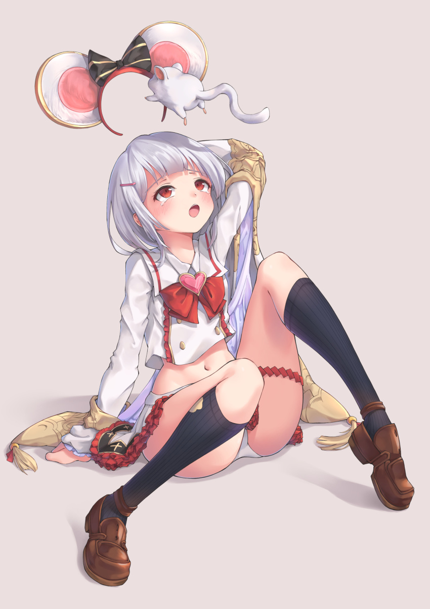 1girl absurdres animal_ears bangs black_legwear blush bow brown_footwear commentary_request fake_animal_ears frills granblue_fantasy grey_background grey_skirt hair_ornament hairclip highres kneehighs long_sleeves looking_at_animal miso_(b7669726) mouse_ears navel panties red_eyes shirt shoes short_hair silver_hair simple_background sitting skirt solo underwear vikala_(granblue_fantasy) white_panties white_shirt