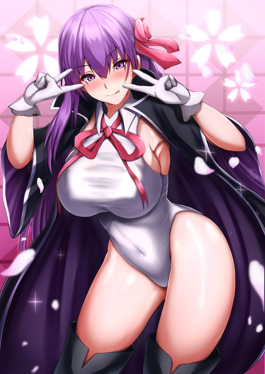 1girl bangs bb_(fate)_(all) bb_(fate/extra_ccc) black_coat blush breasts fate/extra fate/extra_ccc fate_(series) gloves hair_ribbon highres large_breasts leotard long_hair long_sleeves looking_at_viewer neck_ribbon purple_hair red_ribbon ribbon smile solo tiri_man very_long_hair violet_eyes white_gloves white_leotard