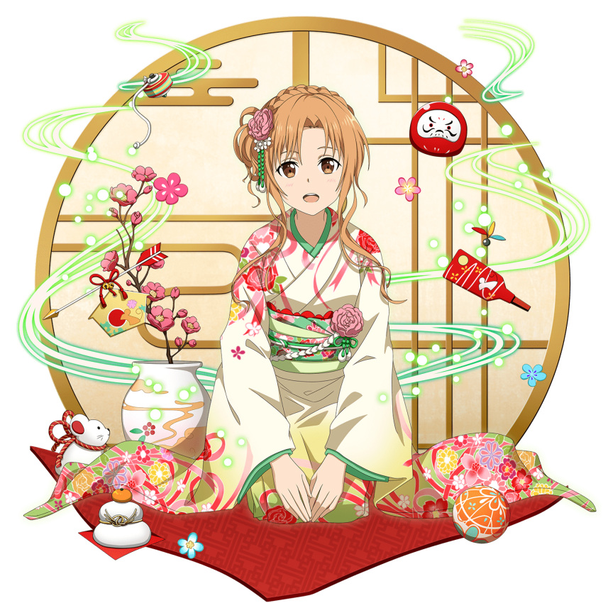 1girl :d asuna_(sao) bangs blush braid brown_eyes brown_hair crown_braid floral_print flower full_body gradient_kimono hair_between_eyes hair_flower hair_ornament highres japanese_clothes kimono kneeling long_sleeves looking_at_viewer official_art one_side_up open_mouth pink_flower print_kimono short_hair_with_long_locks sidelocks smile solo sword_art_online transparent_background wide_sleeves