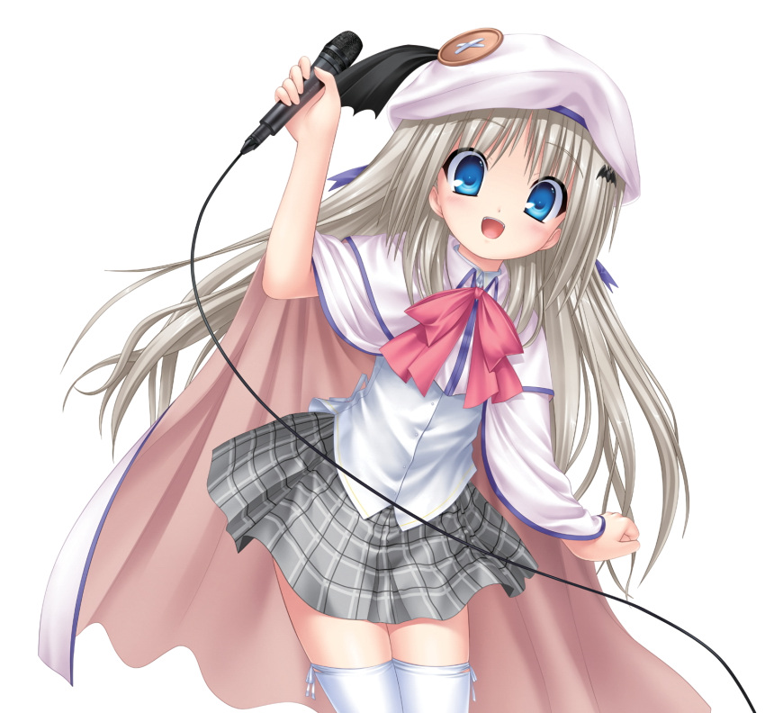 1girl :d bangs blue_eyes cape cowboy_shot dress_shirt eyebrows_visible_through_hair grey_skirt hat hat_ribbon highres holding holding_microphone kud_wafter leaning_forward little_busters!! looking_at_viewer microphone miniskirt na-ga noumi_kudryavka open_mouth pink_neckwear plaid plaid_skirt pleated_skirt purple_ribbon ribbon school_uniform shirt simple_background skirt smile solo standing thigh-highs white_background white_cape white_headwear white_legwear white_shirt zettai_ryouiki