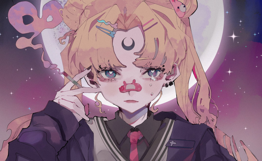 1girl bandaid bandaid_on_nose bangs bekuko bishoujo_senshi_sailor_moon black_nails black_shirt cigarette commentary_request crescent crying crying_with_eyes_open delinquent ear_piercing facial_mark forehead_mark full_moon hair_ornament hairclip heart heart-shaped_pupils highres looking_at_viewer moon necktie parted_bangs piercing portrait red_neckwear shirt smoke smoking solo symbol-shaped_pupils tears teras tsukino_usagi v-neck