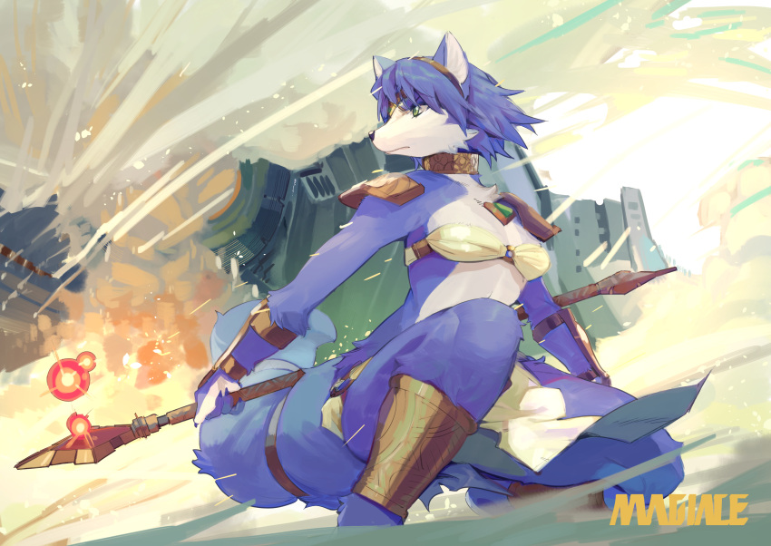 1girl animal_ears anklet artist_name bandeau blue_hair blue_skin bracer closed_mouth collar explosion fox_ears fox_girl fox_tail fur furry green_eyes hairband highres jewelry krystal loincloth magiace multicolored multicolored_skin serious shoulder_armor snout solo squatting star_fox star_fox_adventures stomach tail tail_ornament two-tone_skin white_skin wind