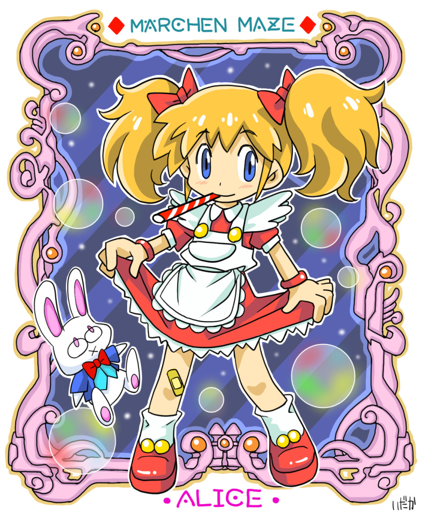 1girl alice_(marchen_maze) animal_ears bandaid blonde_hair blue_eyes bubble character_name copyright_name dress glasses highres idaka looking_at_viewer marchen_maze rabbit rabbit_ears red_dress red_footwear red_ribbon ribbon smile thigh-highs twintails two_side_up white_thighhighs