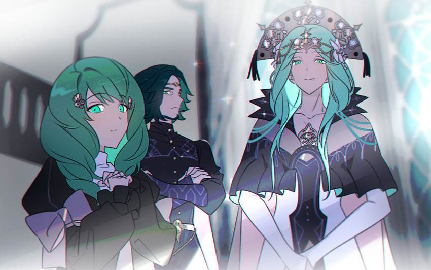 1boy 2girls brother_and_sister closed_mouth crossed_arms crown fire_emblem fire_emblem:_three_houses flayn_(fire_emblem) flower garreg_mach_monastery_uniform green_eyes green_hair hair_flower hair_ornament long_hair long_sleeves multiple_girls rhea_(fire_emblem) seteth_(fire_emblem) short_hair siblings smile tiara uniform upper_body vo1ez