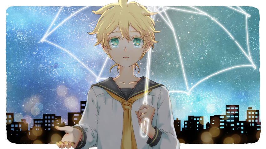 1boy alternate_sleeve_length aqua_eyes backlighting black_collar blonde_hair cityscape collar collarbone commentary highres holding holding_umbrella kagamine_len lens_flare long_sleeves looking_up male_focus nail_polish necktie night night_sky outstretched_hand parted_lips sailor_collar sakanashi school_uniform shirt silhouette sky spiky_hair star_(sky) starry_sky tears umbrella upper_body vocaloid white_shirt yellow_nails yellow_neckwear