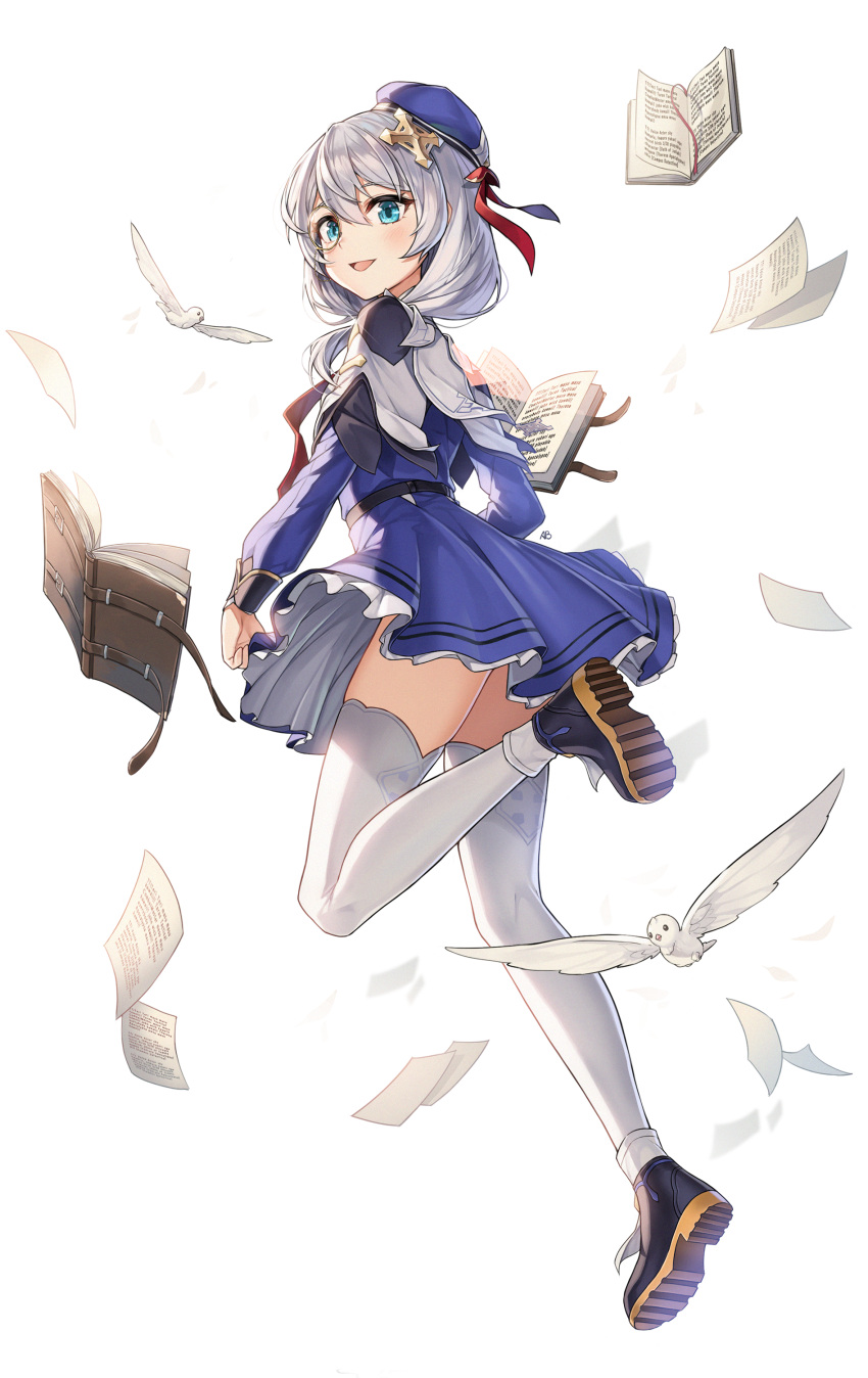 1girl :d absurdres aliceblue benghuai_xueyuan bird black_footwear blue_eyes blue_headwear blue_jacket blue_skirt book capelet hair_between_eyes hair_ornament hair_ribbon highres honkai_(series) jacket leg_up long_hair long_sleeves miniskirt monocle open_book open_mouth pleated_skirt red_ribbon ribbon shiny shiny_hair silver_hair simple_background skirt smile solo standing standing_on_one_leg theresa_apocalypse thigh-highs white_background white_legwear zettai_ryouiki