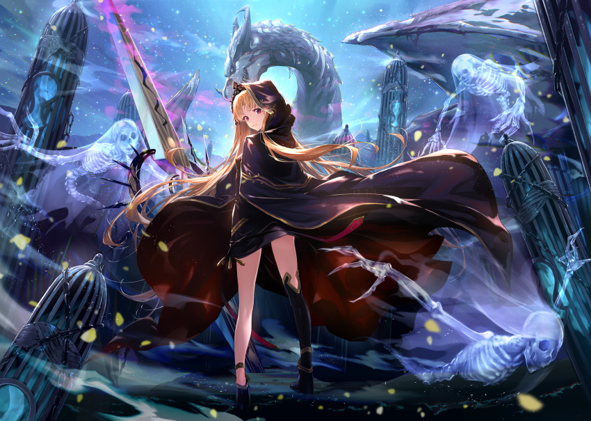 1girl bangs black_cape black_dress black_legwear blonde_hair cape diadem dragon dress ereshkigal_(fate/grand_order) essual_(layer_world) fate/grand_order fate_(series) floating_hair from_behind hair_intakes highres hood hood_down hooded long_hair long_sleeves looking_at_viewer outdoors red_eyes shiny shiny_hair short_dress single_thighhigh solo thigh-highs very_long_hair