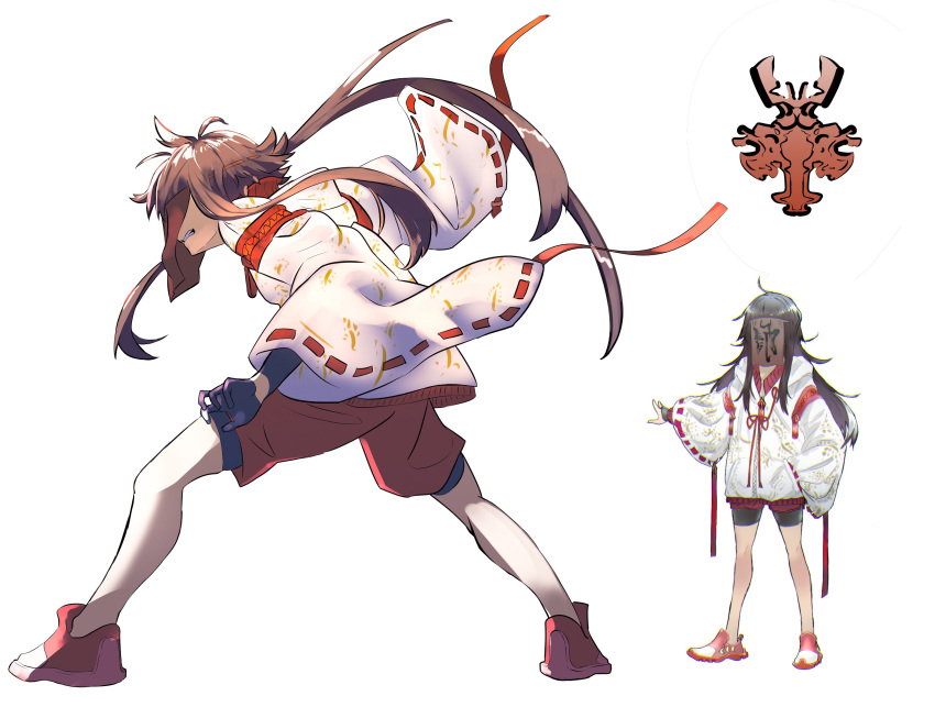 1girl absurdres ahoge black_gloves brown_hair character_sheet clenched_teeth gloves highres long_hair long_sleeves original parted_lips red_shorts shorts simple_background so_ki_chi solo standing talisman teeth white_background zipper