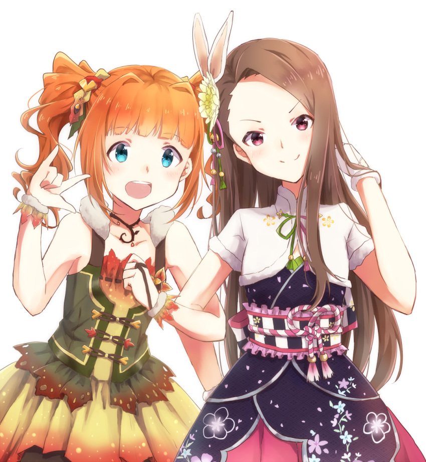 2girls :d bangs black_neckwear blue_eyes blunt_bangs brown_hair dress flower gloves green_dress hair_flower hair_ornament hair_ribbon hand_up idolmaster idolmaster_million_live! idolmaster_million_live!_theater_days kuro_n314 locked_arms long_hair looking_at_viewer minase_iori multiple_girls open_mouth orange_hair pink_eyes pose purple_dress ribbon ribbon_trim short_hair short_sleeves short_twintails sleeveless sleeveless_dress smile standing takatsuki_yayoi twintails white_gloves wristband