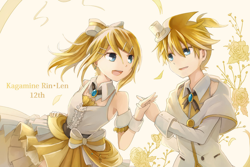 1boy 1girl absurdres amulet anniversary bare_shoulders bass_clef blonde_hair blue_eyes bow capelet character_name collar commentary detached_collar dress earrings flower frilled_dress frills hair_bow hair_ornament hairclip hat highres holding_hands jacket jewelry kagamine_len kagamine_rin layered_dress looking_at_another mini_hat mini_top_hat open_mouth ponytail rose short_hair short_ponytail smile spiky_hair suit_jacket top_hat treble_clef upper_body vocaloid wakolenrin white_capelet white_collar white_jacket yellow_flower yellow_rose