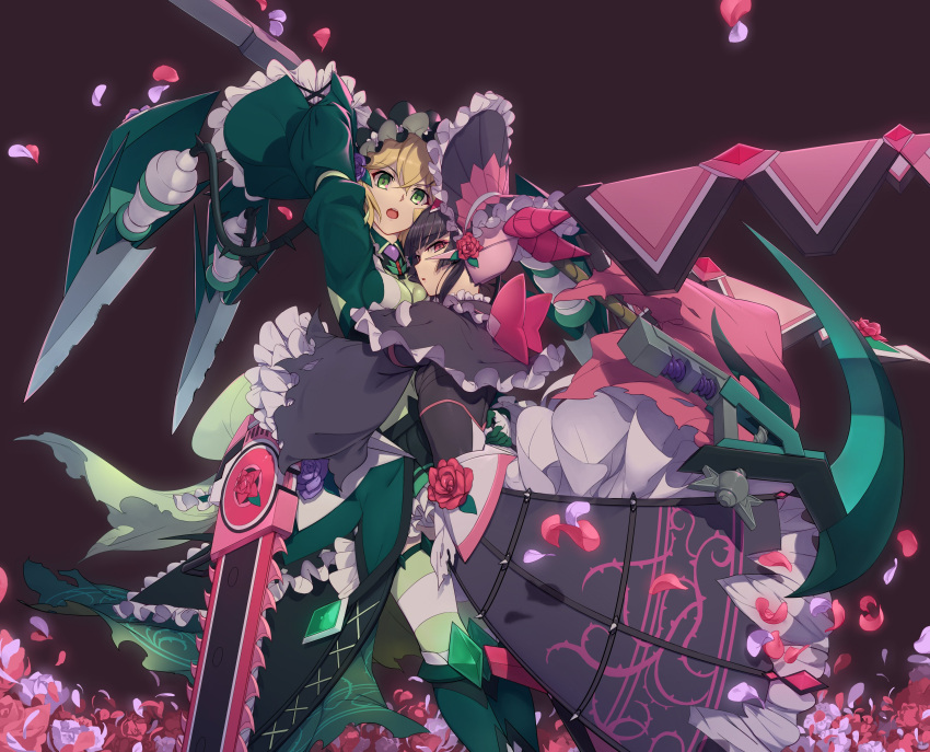 2girls absurdres akatsuki_kirika black_hair blonde_hair chainsaw dress flower gothic_lolita green_eyes highres hug lolita_fashion mokutan_mmmm multiple_girls petals pink_eyes rose scythe senki_zesshou_symphogear senki_zesshou_symphogear_xd_unlimited striped striped_legwear thigh-highs tsukuyomi_shirabe wide_sleeves