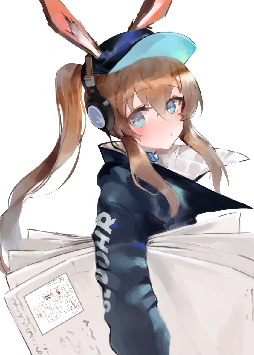 1girl amiya_(arknights) animal_ear_fluff animal_ears arknights bangs black_jacket blue_eyes blue_headwear blush brown_hair carrying_under_arm commentary_request dokomon ears_through_headwear eyebrows_visible_through_hair flat_cap hair_between_eyes hat headphones highres jacket korean_commentary korean_text long_hair long_sleeves looking_at_viewer looking_to_the_side open_clothes open_jacket parted_lips ponytail rabbit_ears sidelocks solo translation_request very_long_hair white_background