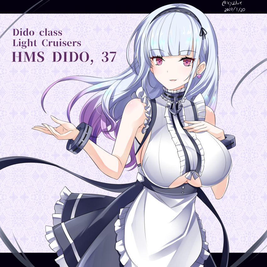1girl anchor_choker apron azur_lane bangs black_choker black_hairband breasts center_frills character_name choker commentary_request dated dido_(azur_lane) earrings eyebrows_visible_through_hair frilled_choker frills hairband heart heart_earrings hebitsukai-san highres jewelry large_breasts long_hair looking_at_viewer maid maid_apron smile solo twitter_username under_boob underboob_cutout waist_apron white_apron