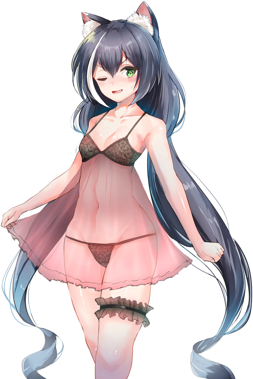 1girl 51_(akiduki) ;d absurdres animal_ear_fluff animal_ears bare_arms bare_shoulders black_hair bra breasts cat_ears collarbone fang floral_print frills green_eyes highres kyaru_(princess_connect) leg_garter long_hair multicolored_hair navel one_eye_closed open_mouth panties princess_connect! princess_connect!_re:dive print_bra print_panties see-through simple_background small_breasts smile solo stomach streaked_hair sweat two-tone_hair underwear underwear_only very_long_hair white_background white_hair