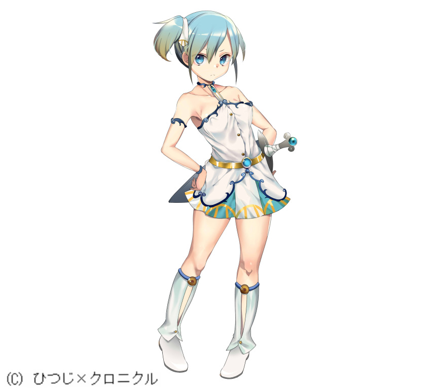 1girl absurdres bare_shoulders blue_eyes blue_hair breasts collarbone copyright_name full_body hair_between_eyes hands_on_hips highres hitsuji_chronicle jpeg_artifacts looking_at_viewer lulu_(hitsuji_chronicle) matsu_hatsujouki official_art short_hair short_ponytail side_ponytail sidelocks skirt small_breasts solo standing sword watermark weapon white_skirt