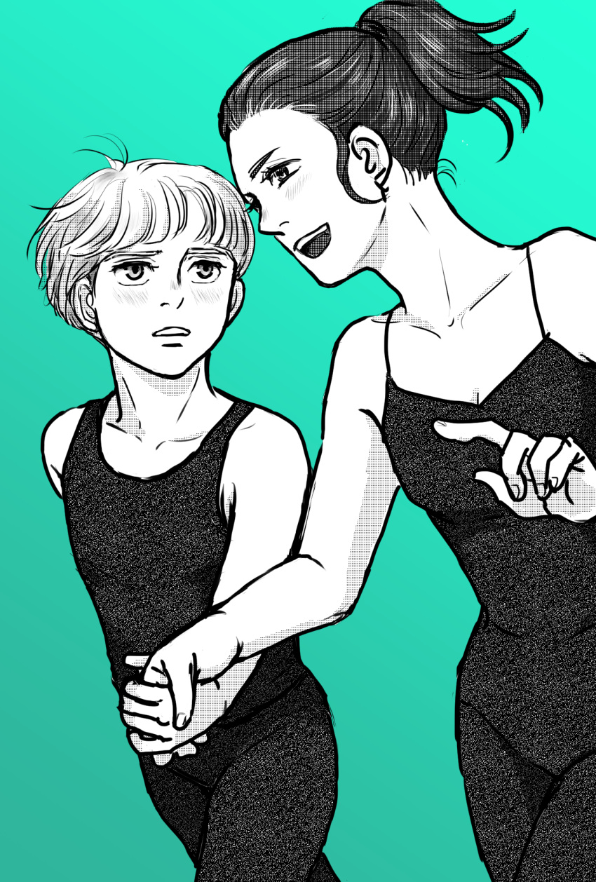 1boy 1girl aqua_background blush child greyscale highres holding_hands koizumi_riu mila_babicheva monochrome open_mouth pointing ponytail smile tank_top younger yuri!!!_on_ice yuri_plisetsky