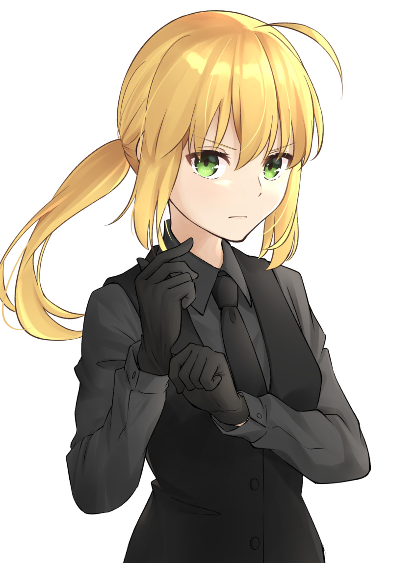 1girl adjusting_clothes adjusting_gloves ahoge artoria_pendragon_(all) bangs black_gloves black_neckwear black_shirt blonde_hair closed_mouth collared_shirt fate/zero fate_(series) floating_hair formal gloves green_eyes hair_between_eyes highres long_hair long_sleeves necktie ponytail saber shirt simple_background solo tsurupy upper_body white_background wing_collar