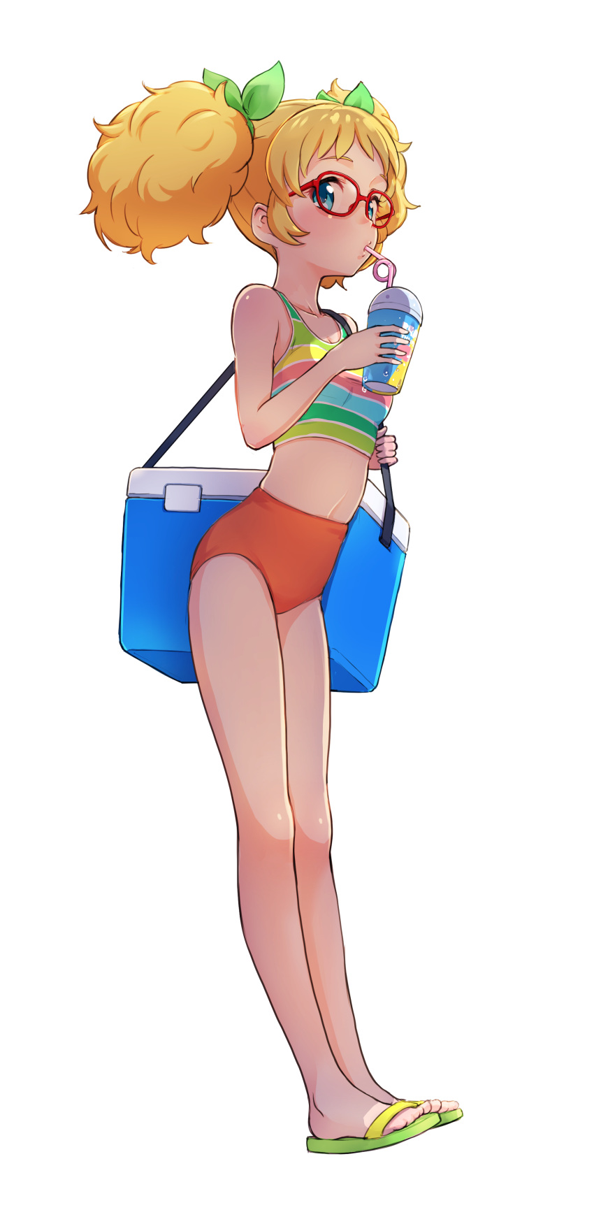 1girl absurdres aikatsu! aikatsu!_(series) bag bare_legs barefoot bikini blonde_hair blue_eyes bow carrying_bag carrying_over_shoulder crazy_straw cup disposable_cup drinking drinking_straw from_side full_body glasses green_bow hair_bow highres holding holding_cup multicolored_bikini_top navel orange_bikini_bottom red-framed_eyewear saegusa_kii shadow sideways_glance slippers solo sports_bikini swimsuit twintails wantacchi water_drop