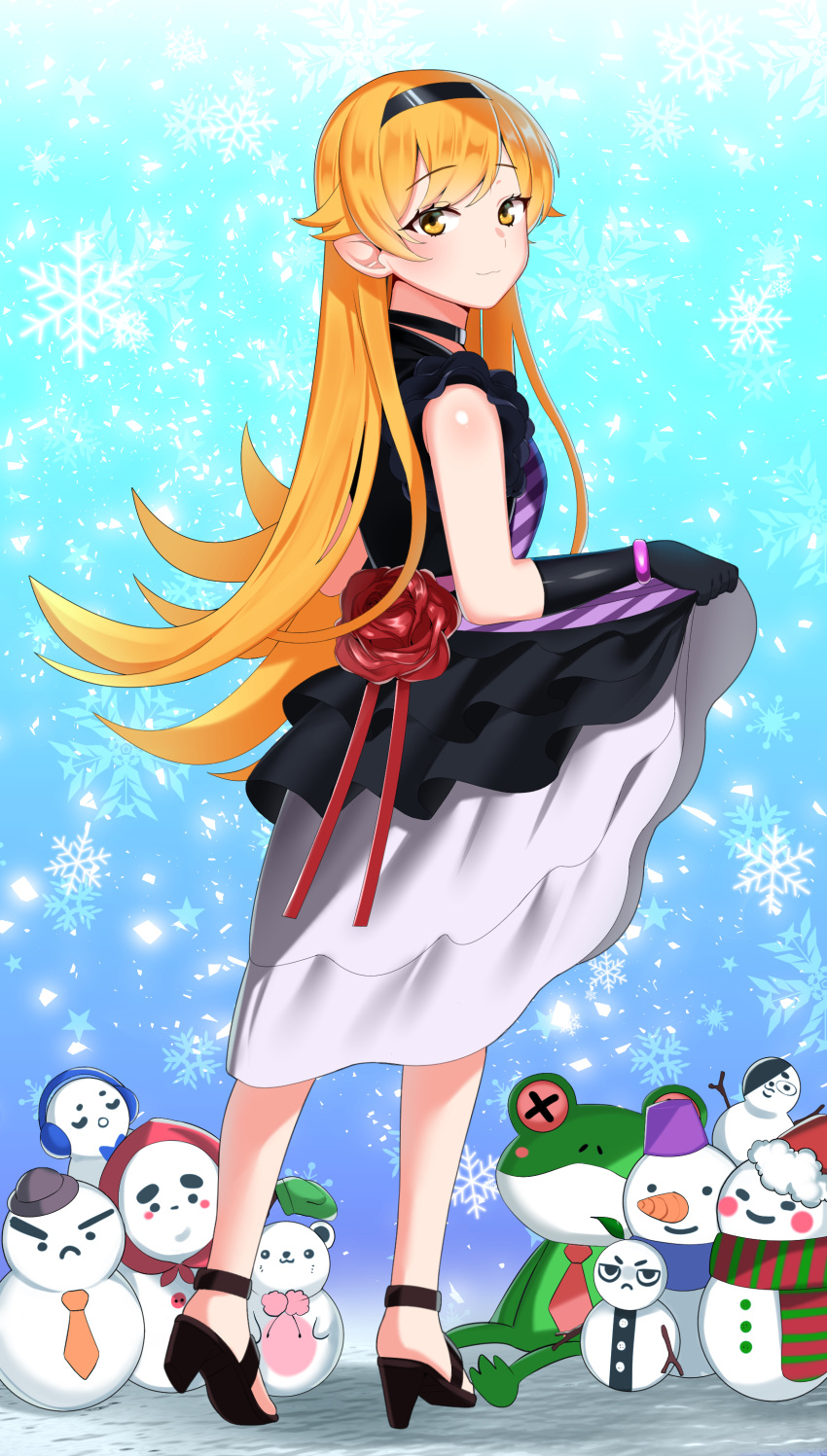 1girl absurdres bangs black_dress black_gloves black_hairband blonde_hair blue_background blush bracelet choker closed_mouth dress dress_lift elbow_gloves eyebrows_visible_through_hair eyelashes frilled_sleeves frills full_body gloves hairband high_heels highres jewelry long_hair looking_at_viewer looking_back monogatari_(series) multicolored multicolored_clothes multicolored_dress oshino_shinobu pointy_ears sandals shiny shiny_hair shiny_skin short_sleeves snowflakes snowing snowman solo stuffed_animal stuffed_frog stuffed_toy swept_bangs yellow_eyes youdt
