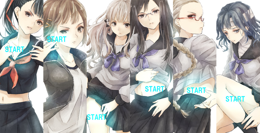 6+girls bandaged_head bandages black_legwear black_skirt braid brown_eyes fuyusaka_iori glasses grey_eyes grey_shirt hair_ornament hairclip hand_up highres jacket juusan_kihei_bouei_ken kisaragi_itomi kuro_n314 looking_at_viewer looking_back midriff minami_natsuno multiple_girls navel red-framed_eyewear rimless_eyewear school_uniform semi-rimless_eyewear shinonome_ryouko_(juusan_kihei_bouei_ken) shirt short_hair sitting skirt socks standing takemiya_yuki twintails yakushiji_megumi