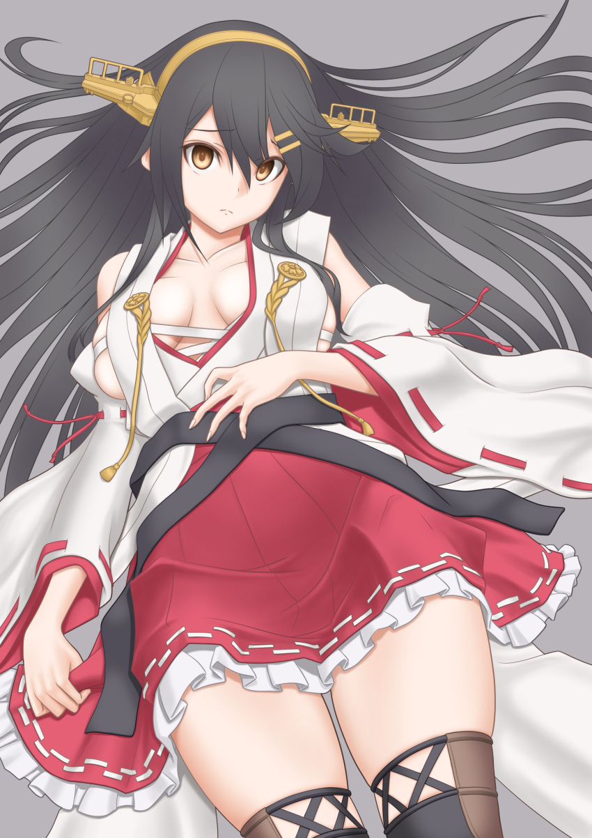 1girl black_hair boots brown_eyes commentary_request detached_sleeves hair_ornament hairband hairclip hand_on_own_stomach haruna_(kantai_collection) headgear highres japanese_clothes kantai_collection long_hair looking_at_viewer lying pleated_skirt red_skirt ribbon-trimmed_sleeves ribbon_trim skirt solo t2r thigh-highs thigh_boots
