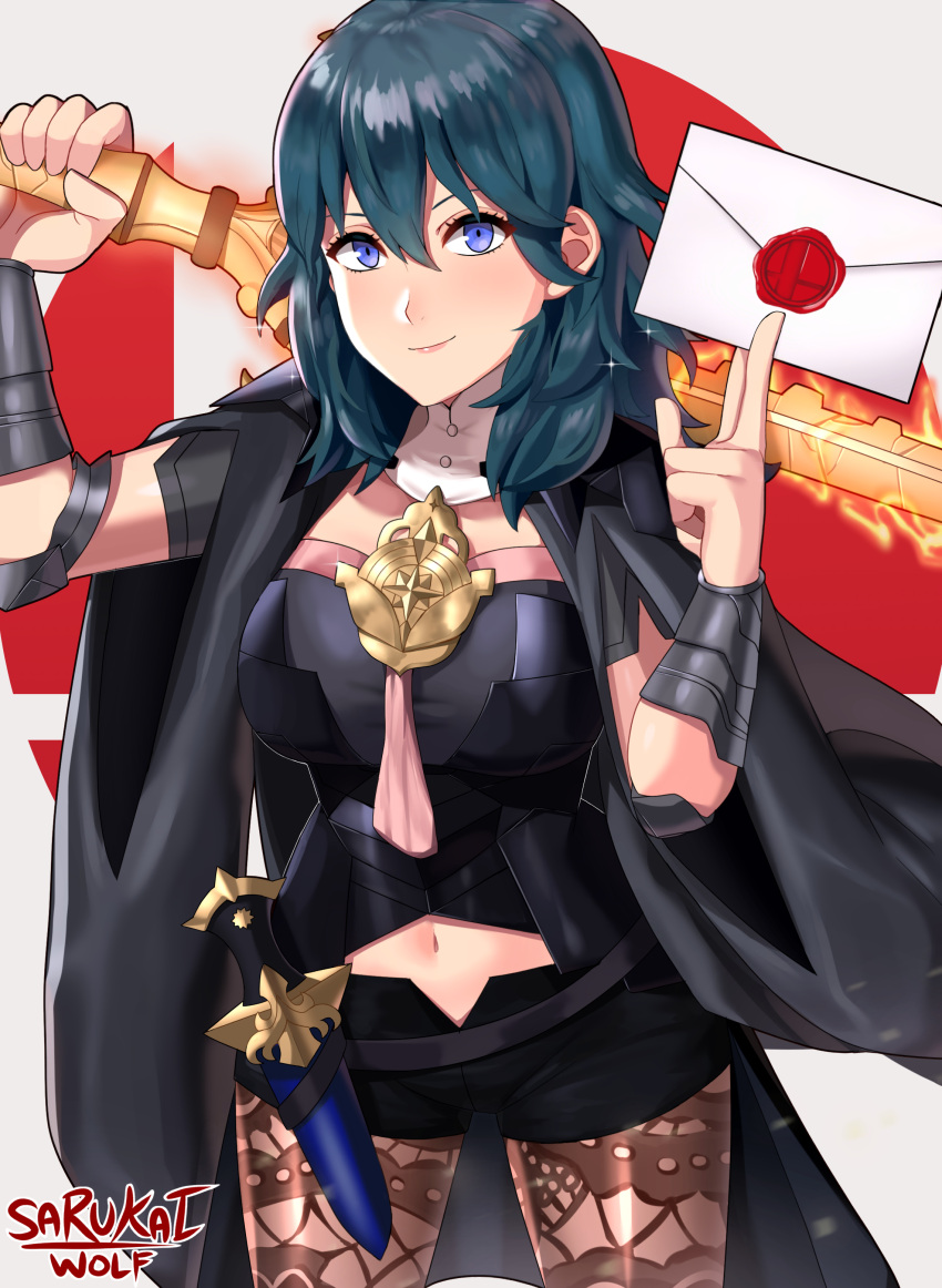 1girl absurdres armor black_shorts blue_eyes blue_hair byleth_(fire_emblem) byleth_eisner_(female) byleth_eisner_(female) dagger envelope fire_emblem fire_emblem:_three_houses fire_emblem:_three_houses fire_emblem_16 highres holding holding_sword holding_weapon intelligent_systems medium_hair navel navel_cutout nintendo pantyhose sarukaiwolf sheath sheathed short_shorts shorts simple_background solo sora_(company) super_smash_bros. sword weapon