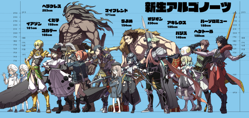 achilles_(fate) ahoge apollo_(fate) armor barefoot bartholomew_roberts_(fate/grand_order) berserker black_gloves boots bow_(weapon) braid cape captain_nemo_(fate/grand_order) character_name charlotte_corday_(fate/grand_order) club cross cross_necklace crossbow cutlass decoponmagi dress facial_hair fate/grand_order fate_(series) fujimaru_ritsuka_(female) glasses gloves goatee grin hat hector_(fate/grand_order) height_chart highres huge_weapon jason_(fate/grand_order) jewelry knife long_hair low_twintails mandricardo_(fate/grand_order) mochizuki_chiyome_(fate/grand_order) necklace ninjatou orion_(super_archer)_(fate) over_shoulder paris_(fate/grand_order) polearm reverse_grip shirtless short_sword side_ponytail skirt smile spear sword turban twintails waving weapon weapon_over_shoulder wooden_sword