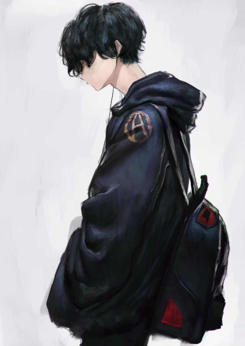 1boy backpack bag black_backpack black_hair black_hoodie closed_mouth grey_background hair_over_eyes hands_in_pocket highres hood hood_down hoodie male_focus original panko_(drive_co) standing