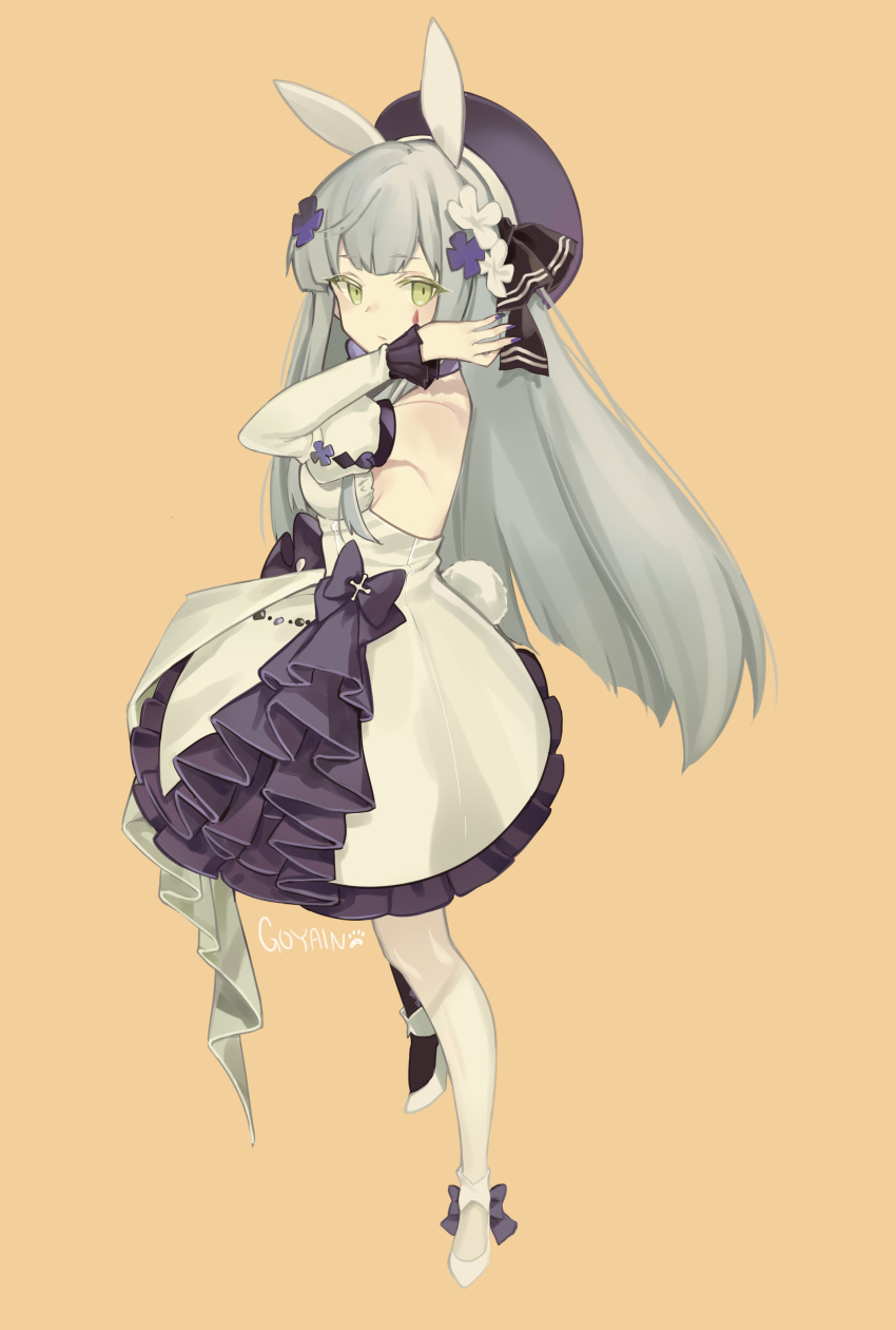 1girl absurdres animal_ears bangs black_legwear black_ribbon breasts brown_background closed_mouth commentary_request detached_sleeves dress eyebrows_visible_through_hair facial_mark flower full_body girls_frontline goyain green_eyes grey_hair hair_flower hair_ornament hair_ribbon hand_up hat highres hk416_(girls_frontline) juliet_sleeves long_hair long_sleeves looking_at_viewer looking_to_the_side medium_breasts mismatched_legwear nail_polish pantyhose puffy_sleeves purple_headwear purple_nails rabbit_ears ribbon shoes signature simple_background solo standing very_long_hair white_dress white_flower white_footwear white_legwear white_sleeves