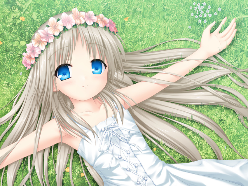 1girl bangs blue_eyes closed_mouth collarbone day dress eyebrows_visible_through_hair flower hair_between_eyes hair_flower hair_ornament head_wreath highres kud_wafter little_busters!! long_hair looking_at_viewer lying na-ga noumi_kudryavka on_back outdoors outstretched_arms silver_hair sleeveless sleeveless_dress smile solo sundress underwear very_long_hair white_dress white_flower