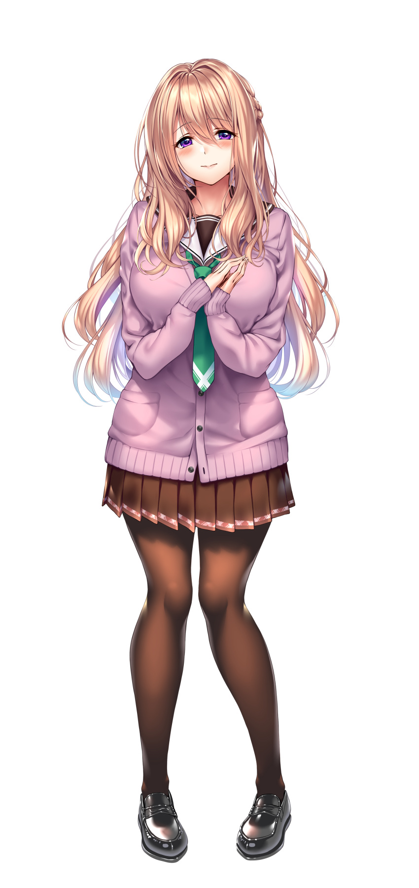 1girl absurdres amakano_2 blush braid breasts brown_legwear cardigan closed_mouth eyebrows_visible_through_hair full_body game_cg hair_between_eyes highres large_breasts light_brown_hair loafers long_hair own_hands_together pantyhose pigeon-toed piromizu pleated_skirt school_uniform serafuku shoes side_braid sidelocks skirt sleeves_past_wrists smile solo standing transparent_background tsutamachi_chitose violet_eyes