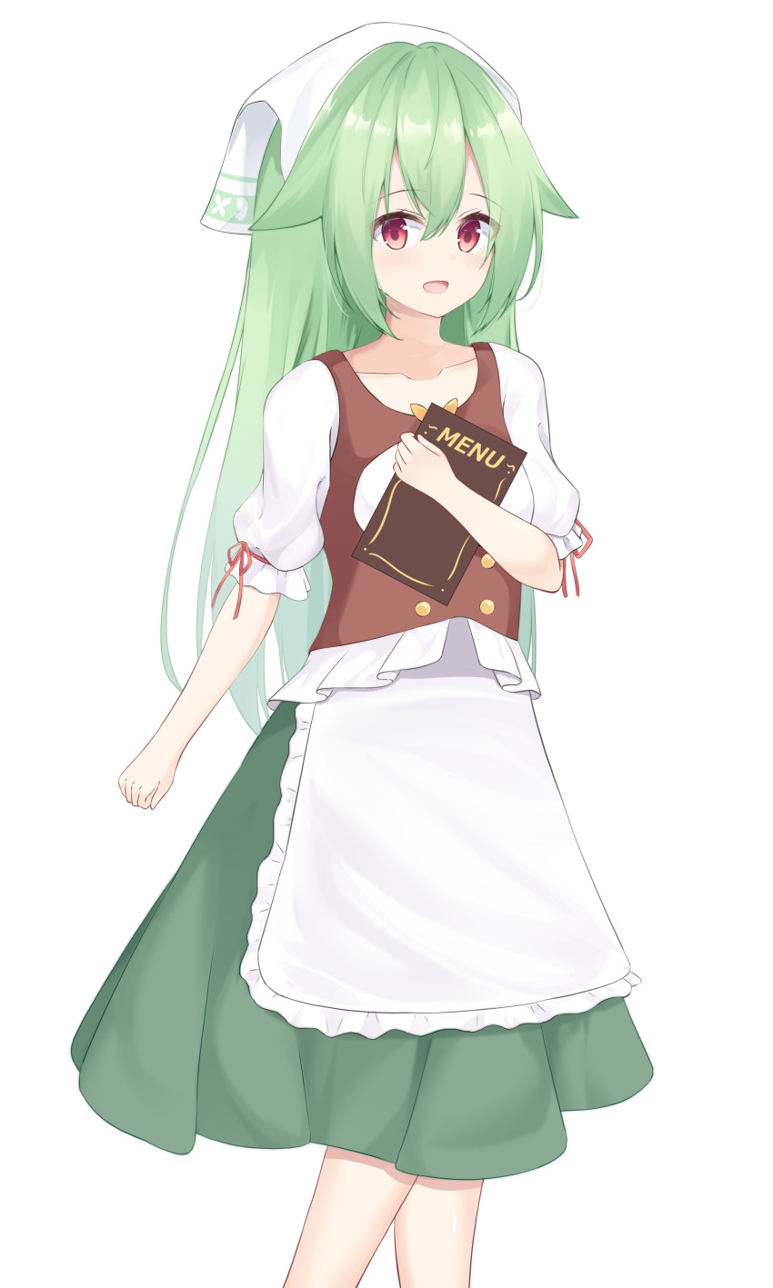 1girl :d absurdres apron bangs breasts brown_vest collarbone commentary_request eyebrows_visible_through_hair frilled_apron frills green_hair green_skirt hair_between_eyes head_scarf highres holding long_hair looking_at_viewer menu open_mouth original puffy_short_sleeves puffy_sleeves red_eyes roido_(taniko-t-1218) shirt short_sleeves simple_background skirt small_breasts smile solo very_long_hair vest waist_apron white_apron white_background white_shirt