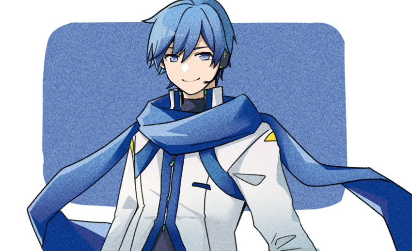 1boy blue_background blue_eyes blue_hair blue_scarf coat headphones headset kaito looking_at_viewer male_focus masahiro08_28 scarf smile solo upper_body vocaloid white_coat zipper