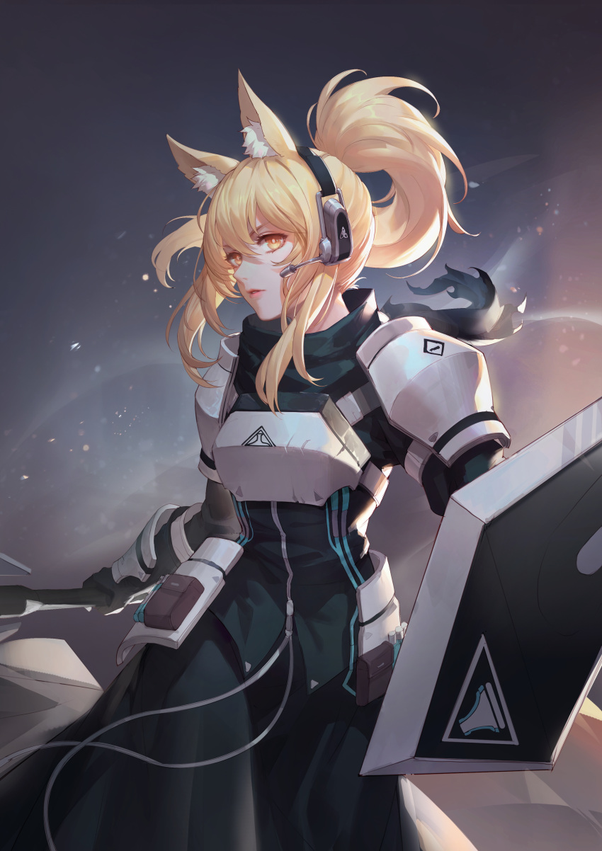 1girl absurdres animal_ear_fluff animal_ears arknights armor bangs black_dress black_scarf blonde_hair breastplate commentary_request dress gauntlets hair_between_eyes headset highres holding holding_shield holding_weapon horse_ears light_particles long_hair looking_at_viewer nearl_(arknights) orange_eyes parted_lips pauldrons ponytail pouch q18607 scarf shield shoulder_armor sidelocks solo weapon
