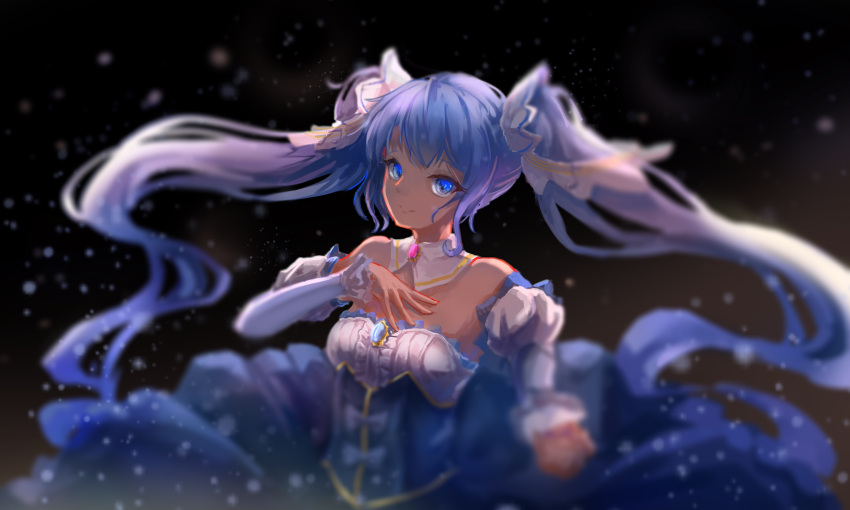 1girl absurdres bangs blue_eyes blue_hair blue_skirt blurry breasts bustier closed_mouth depth_of_field detached_collar detached_sleeves feijike floating_hair hatsune_miku highres long_hair long_skirt looking_at_viewer skirt small_breasts smile snowing solo standing strapless twintails very_long_hair vocaloid white_sleeves yuki_miku yuki_miku_(2019)