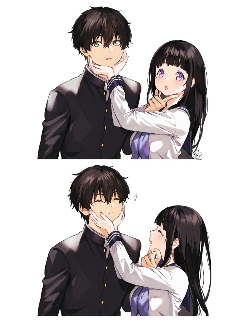 1boy 1girl bangs black_hair black_jacket blunt_bangs breasts buttons chitanda_eru closed_eyes green_eyes hair_between_eyes hand_on_another's_face hand_up hands_on_another's_face hands_up highres hyouka jacket long_hair long_sleeves looking_at_viewer medium_breasts mery_(apfl0515) open_mouth oreki_houtarou purple_neckwear sailor_collar school_uniform shirt signature simple_background smile tareme tongue upper_body violet_eyes white_background white_shirt