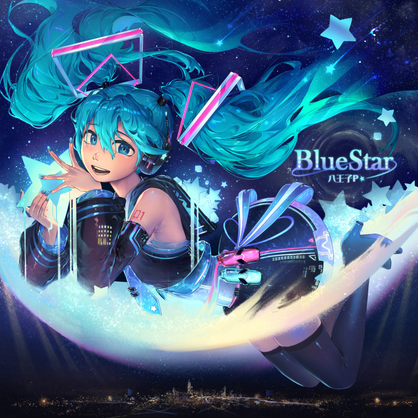 1girl aqua_eyes aqua_hair bangs blue_nails boots city_lights cytus detached_sleeves flying hatsune_miku headphones highres holding holding_star long_hair looking_at_viewer necktie night night_sky open_eyes open_mouth rubylovedraw sky skyline smile solo star tattoo thigh-highs thigh_boots twintails very_long_hair vocaloid