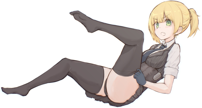 1girl black_gloves black_nails black_panties blonde_hair fang girls_frontline gloves green_eyes hiepita97 highres lying necktie no_shoes on_back panties skin_fang skirt solo thigh-highs thighhighs_pull thighs underwear vest welrod_mk2_(girls_frontline) white_background