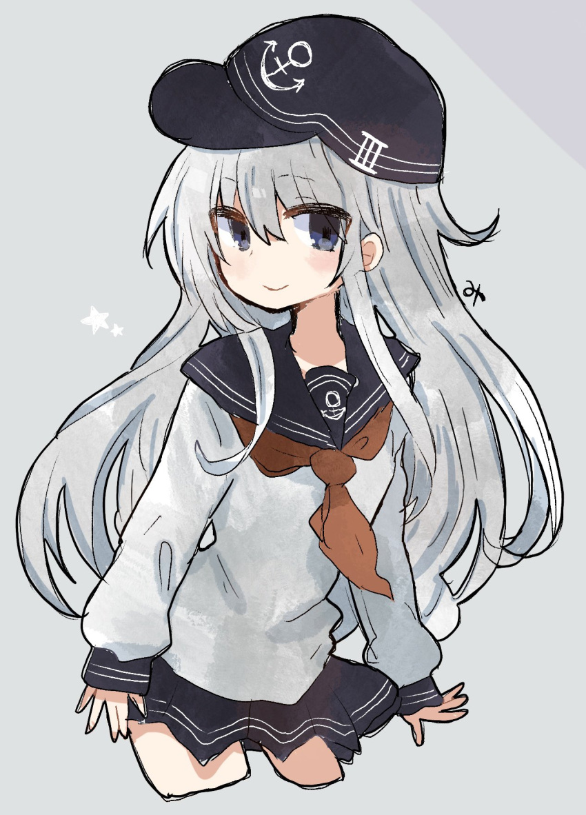 1girl anchor anchor_symbol bangs blue_eyes cropped_legs eyebrows_visible_through_hair flat_cap hair_between_eyes hat hibiki_(kantai_collection) highres kantai_collection long_hair long_sleeves mika_(hh7) neckerchief pleated_skirt red_neckwear sailor_collar school_uniform serafuku signature silver_hair simple_background skirt smile solo star