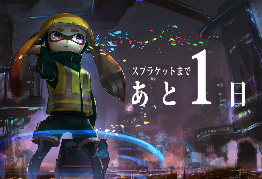 1girl belt black_jacket black_legwear black_shorts blonde_hair blue_eyes blush building cityscape closed_mouth domino_mask expressionless gradient_hair hand_up highres holding indoors inkling jacket kashu_(hizake) legs_apart long_hair long_sleeves looking_to_the_side mask multicolored_hair nose_blush number orange_hair reflection shiny shiny_hair shorts skyscraper solo splatoon_(series) splatoon_1 squidbeak_splatoon standing suitcase tentacle_hair thigh-highs translation_request twintails vest yellow_vest