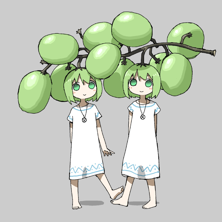 2girls bangs barefoot dress food fruit grapes green_eyes grey_background highres jewelry looking_at_viewer multiple_girls necklace no_nose no_pupils original oversized_food oversized_object shadow short_hair short_sleeves simple_background smile tsukumizu_yuu white_dress