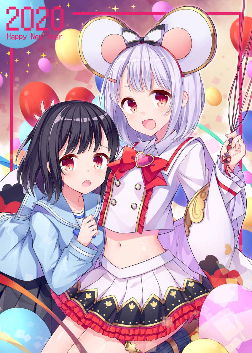 2020 2girls :d amemiya_ruki animal_ears balloon black_hair black_skirt blue_shirt bow bowtie collared_shirt commentary_request crop_top crop_top_overhang dual_persona frilled_skirt frills granblue_fantasy hair_ornament hairband hairclip happy_new_year heart highres long_sleeves looking_at_viewer midriff miniskirt multiple_girls navel new_year open_mouth pleated_skirt rat_ears red_eyes shirt short_hair silver_hair skirt smile vikala_(granblue_fantasy) white_shirt white_skirt