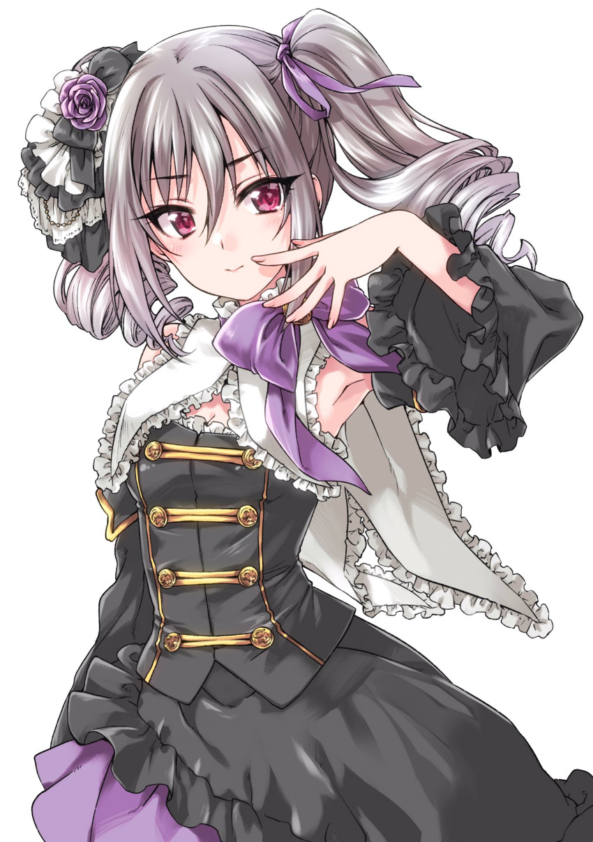 1girl arms_up bangs black_dress bow closed_mouth collar commentary dress drill_hair eyebrows_visible_through_hair flower frilled_collar frilled_sleeves frills hair_flower hair_ornament hair_ribbon hand_to_own_mouth high_collar highres idolmaster idolmaster_cinderella_girls kanzaki_ranko kuroi_mimei lolita_fashion long_sleeves looking_at_viewer medium_dress medium_hair purple_bow purple_flower purple_rose ribbon rose silver_hair simple_background smile solo standing twin_drills twintails violet_eyes white_background