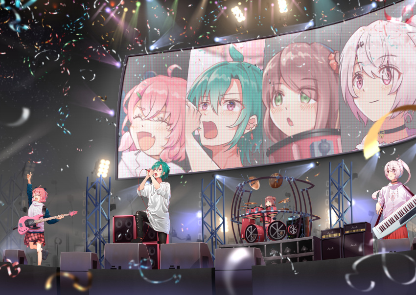 1other 3girls :d :o absurdres ahoge akabane_youko bass_guitar black_choker blush brown_hair choker closed_eyes confetti cymbals drum drum_set drumsticks earrings fangs green_eyes green_hair guitaro_(yabasaki_taro) hair_between_eyes hair_ornament hairclip hand_up highres holding holding_microphone huge_filesize indoors instrument jewelry keyboard_(instrument) long_hair microphone multiple_girls music nijisanji open_mouth pink_eyes pink_hair ponytail ryuushen sasaki_saku shiina_yuika short_hair singing skin_fangs smile speaker stage stage_lights standing violet_eyes white_hair