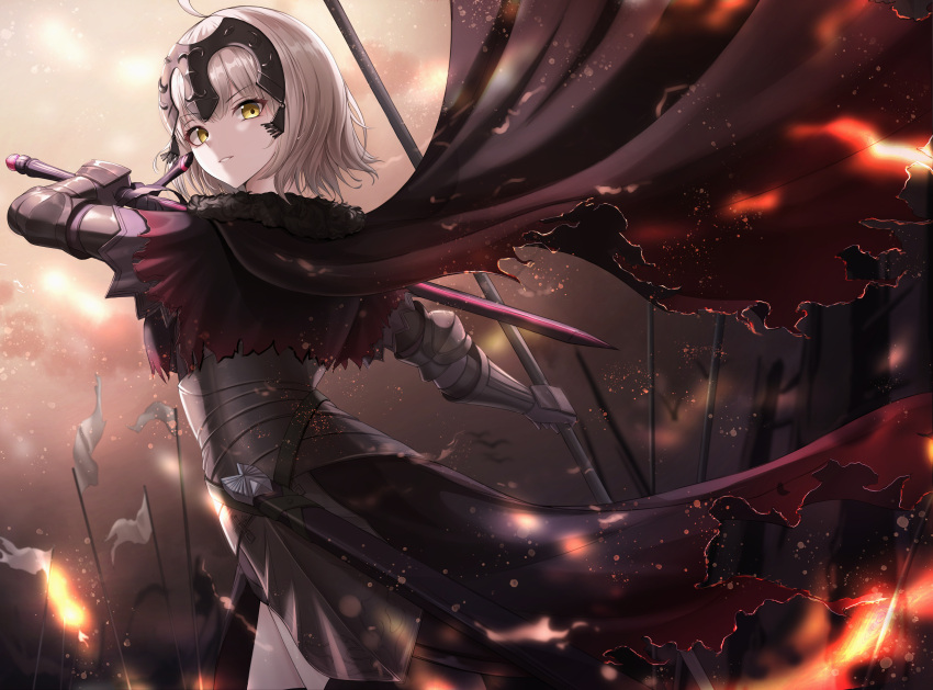 1girl absurdres ahoge armor armored_dress black_armor black_cape cape clouds cow-ring cowboy_shot fate/grand_order fate_(series) flag gloves headpiece highres holding holding_sword holding_weapon huge_filesize jeanne_d'arc_(alter)_(fate) jeanne_d'arc_(fate)_(all) looking_at_viewer parted_lips scabbard sheath short_hair solo standing sword torn_cape torn_clothes weapon white_hair yellow_eyes