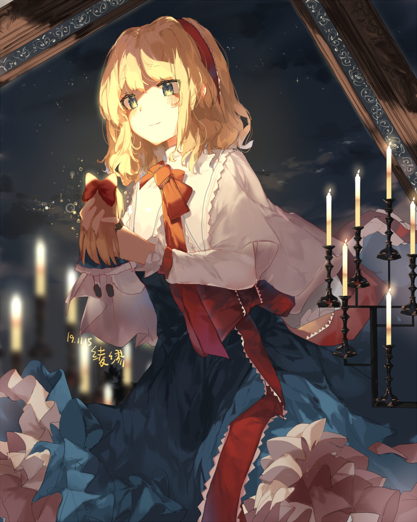1girl alice_margatroid artist_name blonde_hair blue_dress blue_eyes blurry blurry_background candelabra candle candlestand capelet clouds cowboy_shot dated depth_of_field doll dress frilled_skirt frills hairband highres holding holding_doll light_smile ling_mou lolita_hairband looking_at_viewer neck_ribbon night night_sky outdoors petticoat picture_frame red_neckwear ribbon sash shanghai_doll short_hair skirt sky solo standing star_(sky) starry_sky symbol_commentary touhou white_capelet