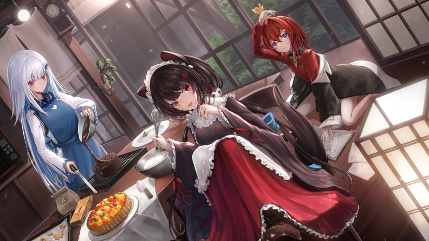 3girls ange_katrina black_hair cake chocolate_cake flour food hair_ornament hairclip heterochromia highres inui_toko lize_helesta long_hair looking_at_viewer maid_headdress multiple_girls nijisanji plate redhead sebastian_piyodore shumeia silver_hair table violet_eyes virtual_youtuber