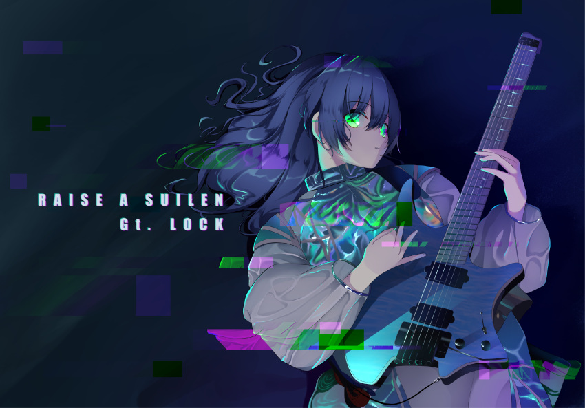 1girl absurdres asahi_rokka bang_dream! bangs blue_eyes character_name commentary_request dark_background electric_guitar glitch glowing glowing_eyes green_eyes group_name guitar highres instrument koh_(user_kpcu7748) long_hair long_sleeves looking_at_viewer music playing_instrument plectrum puffy_sleeves shiny shiny_clothes solo strandberg_guitars